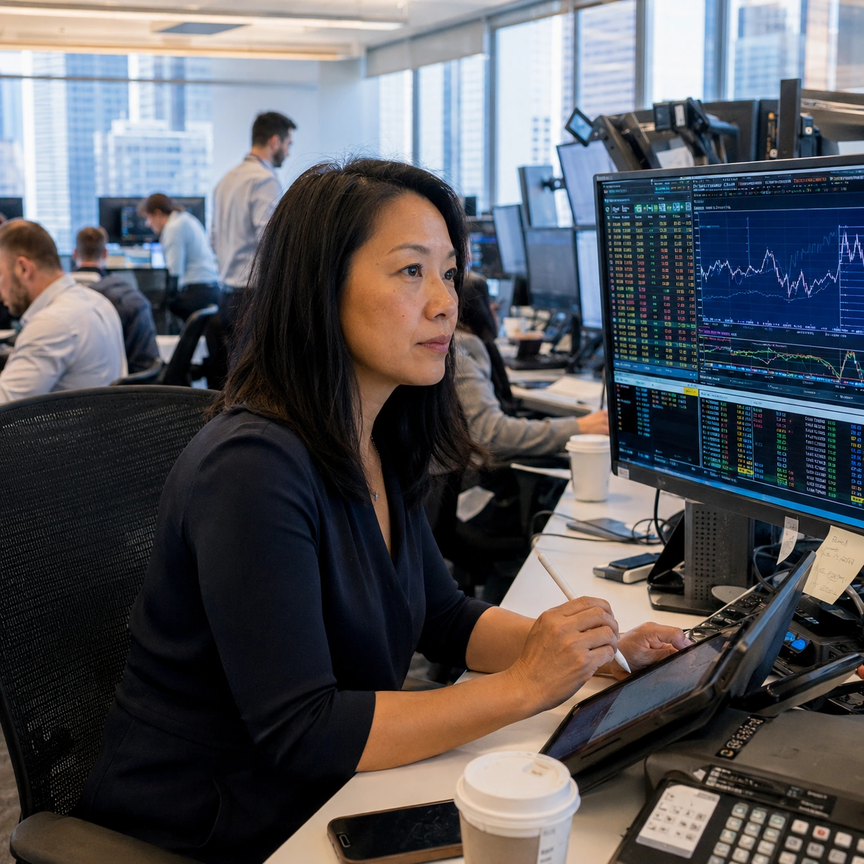 Equity analyst reviewing quarterly earnings documents