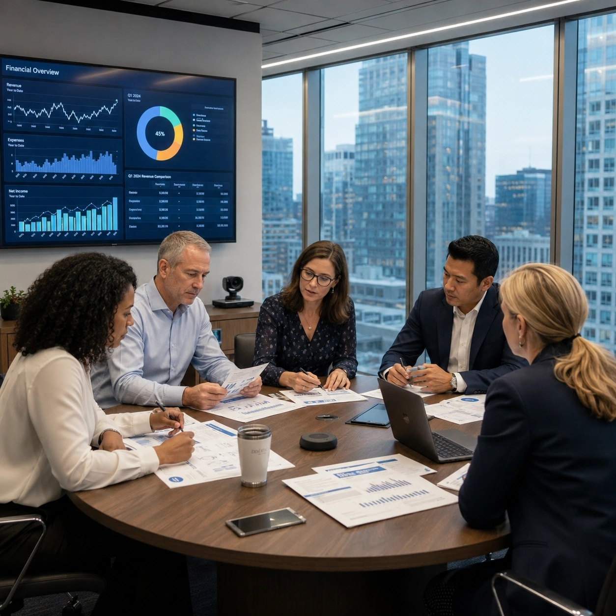Research team reviewing macroeconomic reports and charts
