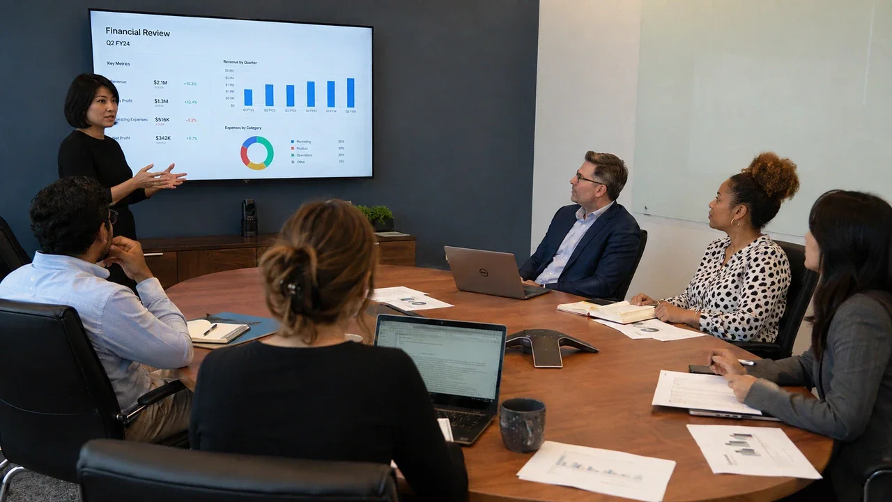 Company research team reviewing financial information